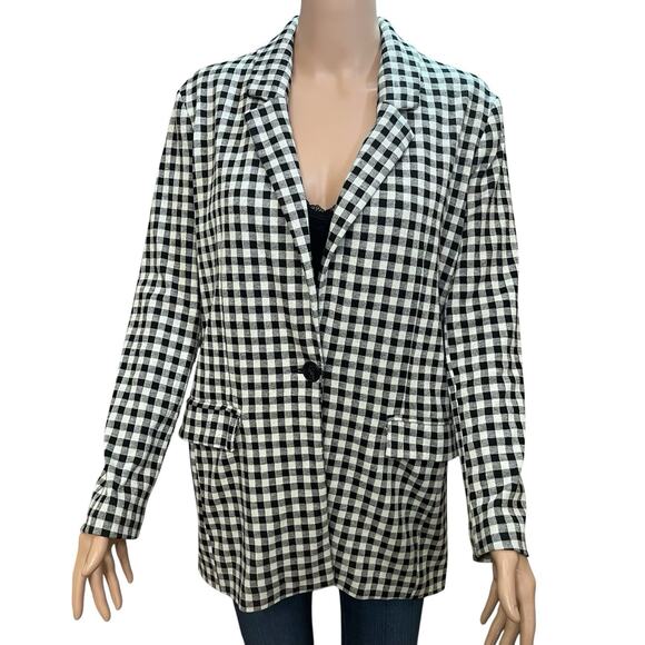 Mango Ponte Knit Gingham Blazer Jacket XS Single Button Black White Preppy - Picture 1 of 9